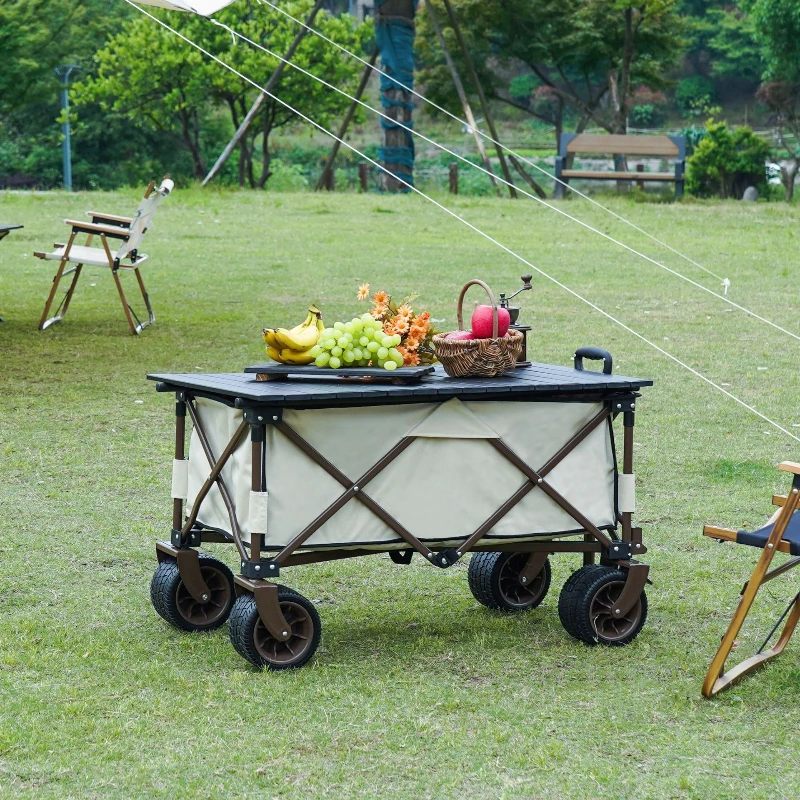 سيارة تخييم خارجية مع لوح طاولة، مقطورة تخييم قابلة للطي، عربة تخزين للنزهات، عربة صيد السمك على الطرق الوعرة