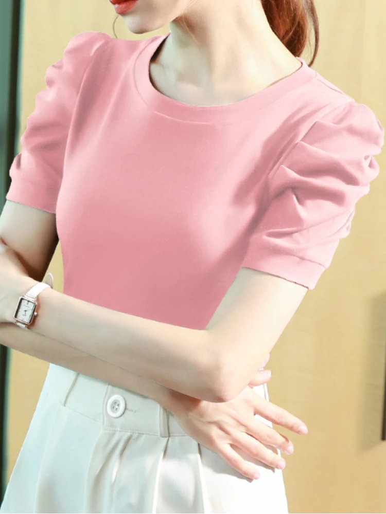 T-shirt Women Clothing Slim Fit Short Sleeve Tops 2024 Summer New Solid Casual Pullover O-neck French Bubble Sleeve Top