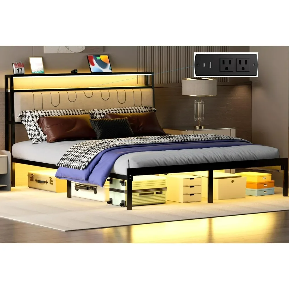 Bed Frame LED Lights,Metal Platform Frame Upholstered Headboard,Charging Station,Storage Shelves,No Box Spring Needed,Noise Free