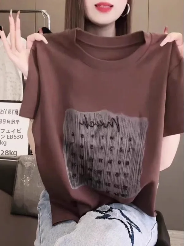 Fashionable Short Sleeve T-Shirt Women's Premium Design Spring 2026 Slimming Top Shoulder Width Regular round Neck Korean Style
