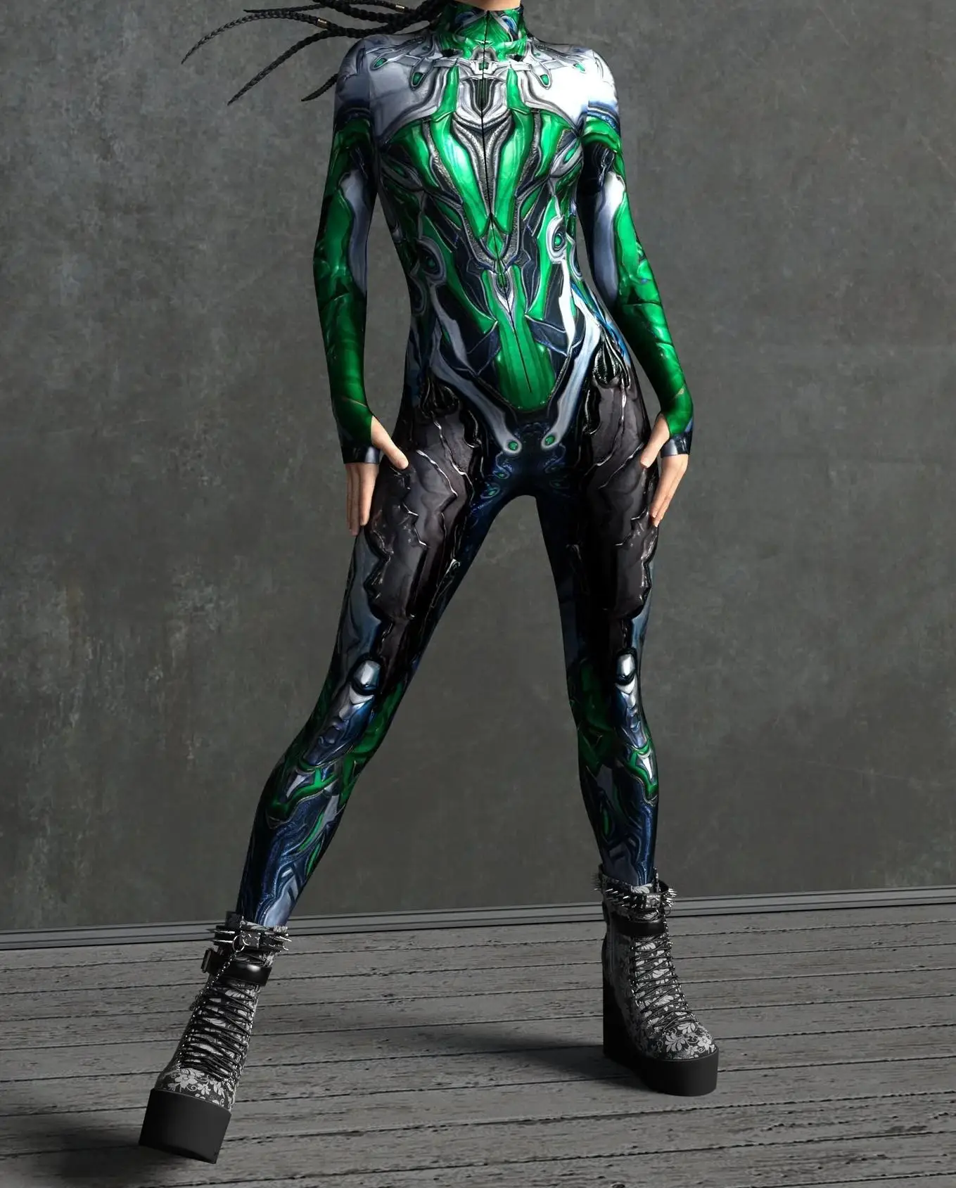 Mechanischer Rüstungsanzug für Frauen, Cyber-Fighter-Cosplay-Bodysuit, Steampunk-Kostüm, Zentai-Anzug für Halloween-Partys – Detail 7