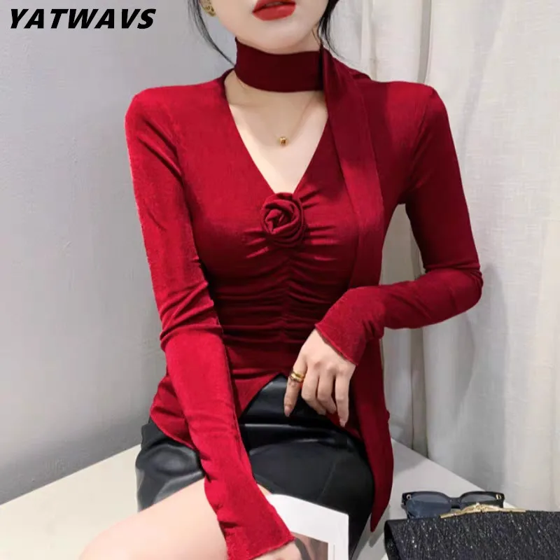 

2023 Autumn European Clothes T-Shirt Women Sexy V-Neck Chic Rose Applique Tees New Long Sleeve Elastic Pleated Slim Tops Blouse