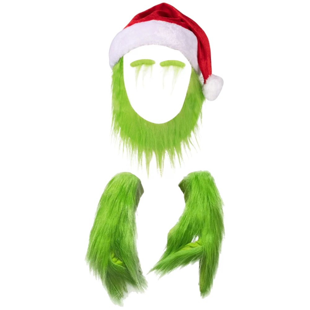 

Green Beard Santa Hat with Furry Gloves for Adult Foot Covers Men Women Teens Christmas Cosplay Costume Accessories