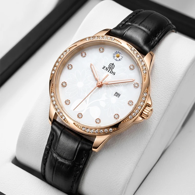 Elegant and Luxurious Women's Quartz Watch with Diamond-Encrusted Bezel, Floral Dial, Leather Strap, Calendar Feature, Fashionable Business Casual Versatile Women's Wristwatch, Ideal Gift Choice