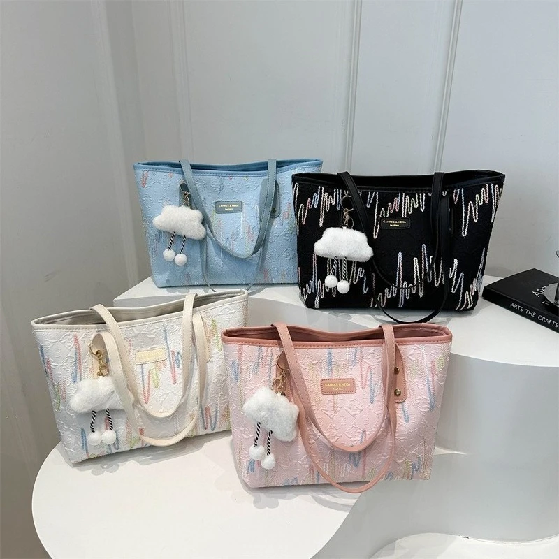 Lightning Bolt Print Large Capacity Tote Bag Women Simple Cute Style With Charm Pendant Work Commute Office Shoulder Bag