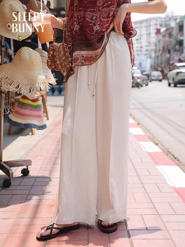 

Boho Drawstring Elastic Waist Pants Women Summer Casual Wide-Leg Trouser Loose Fit High-Waisted Flowy Culottes for Relaxed Look