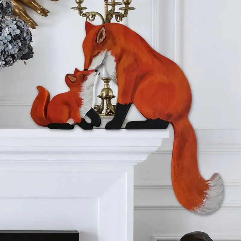 Mama Baby Fox Topper de puerta, Estatua con forma de zorro Adorable, escultura de esquina de puerta, estatua de zorro encantadora hecha a mano, letrero de decoración de madera