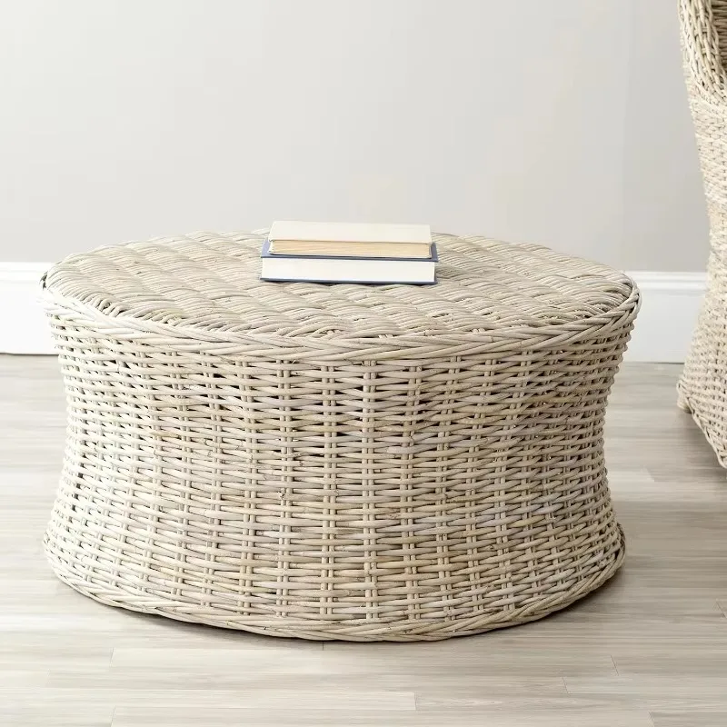 Home Collection Ruxton Natural Rattan Round Coffee Table Footstool for Living Room, Garden, Outdoor