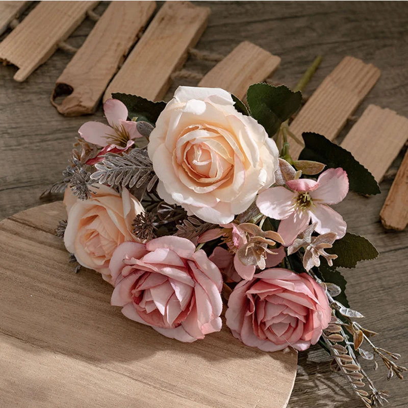 

5PCS Artificial Silk Flowers Realistic 4 Heads Roses Bouquet for Home Wedding Decoration