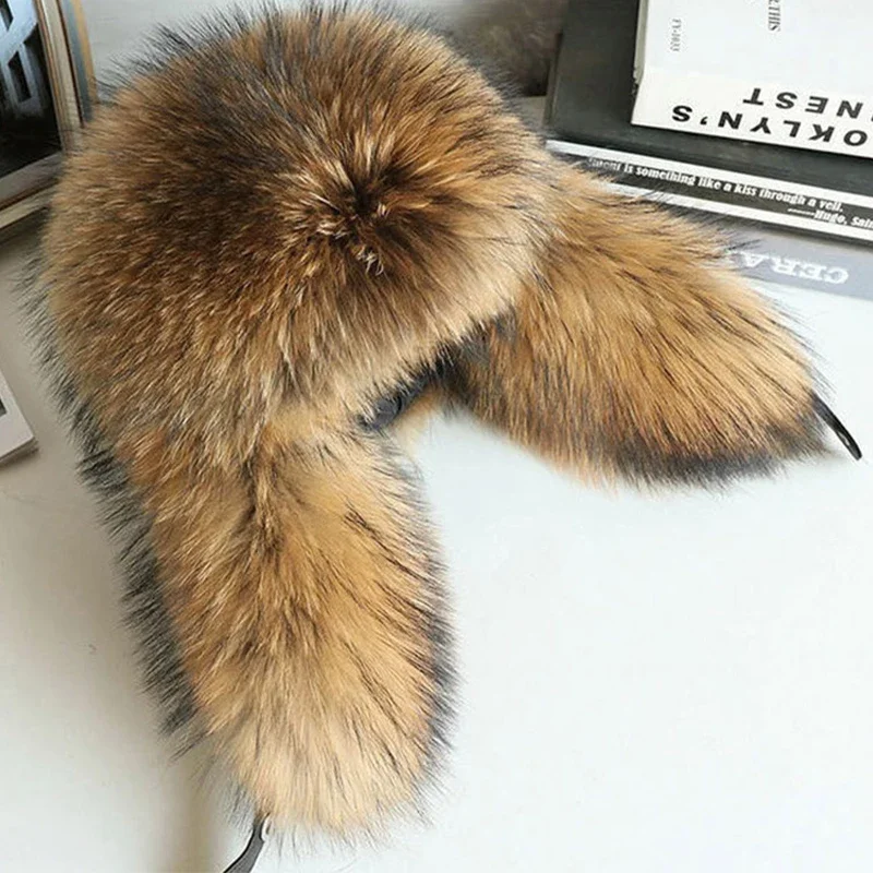 Fur Hat Women Black Fox Fur Ushanka Hats Winter Warm Ears Bomber Cap Thick Hat Windproof Ear Flaps Middle Aged Cold Weather