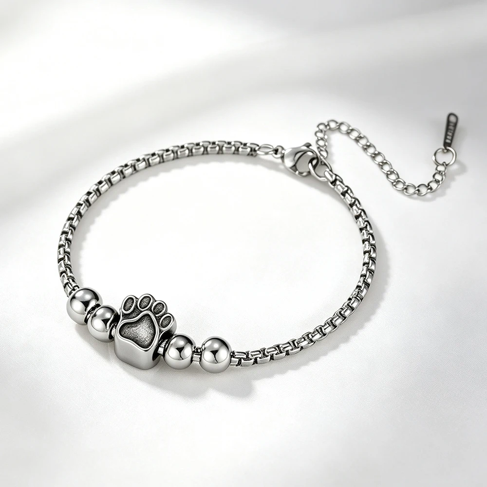 Bracelet à breloque patte de chat en perles pour femmes et hommes, chaîne en acier inoxydable, bracelets en perles de pierre, bijoux commémoratifs pour les amoureux des animaux, cadeaux
