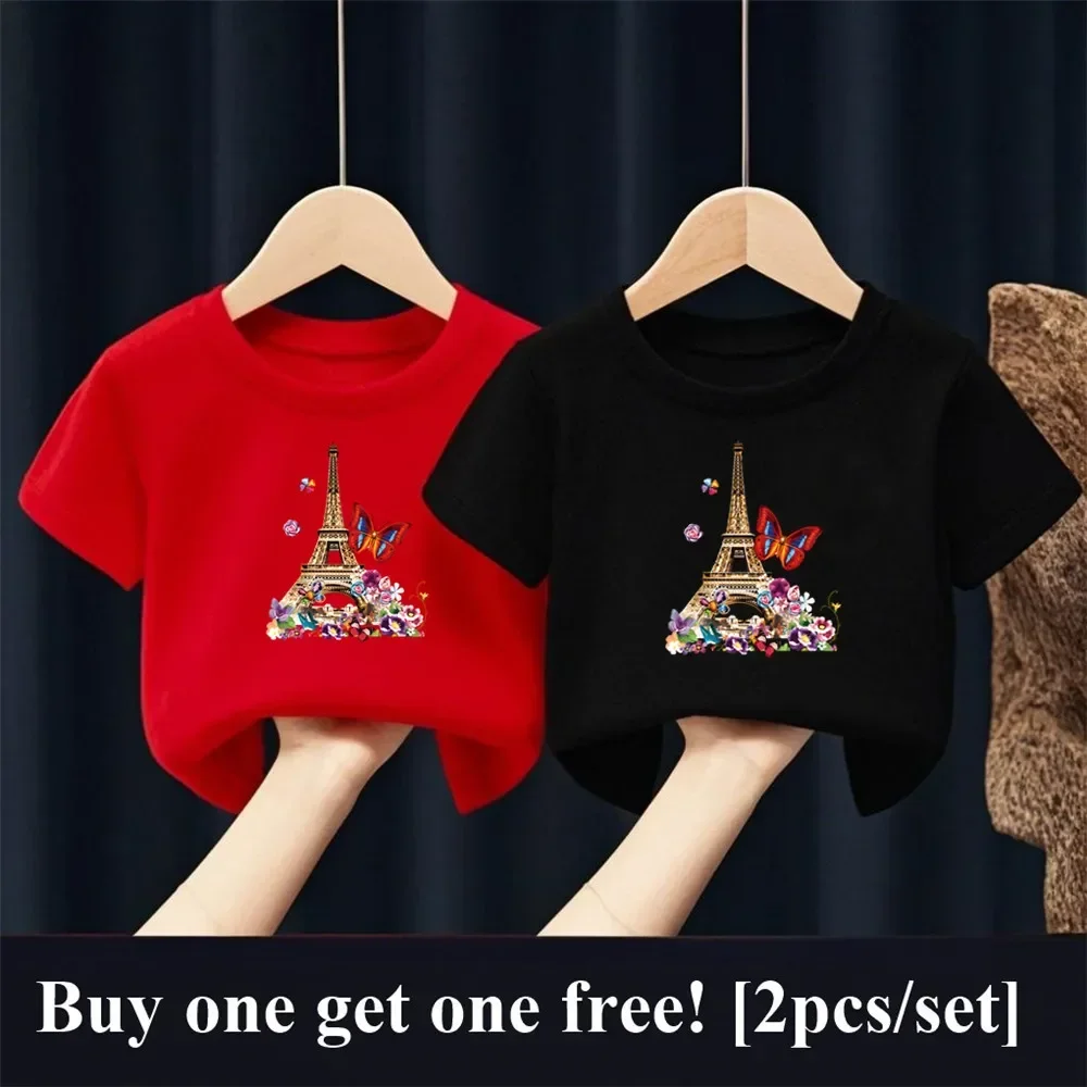 2pcs/pack Girls Paris Eiffel Tower Butterfly Print Graphic T Shirt Kids Short Sleeve Sister Matching Outfit Friend Party Tops