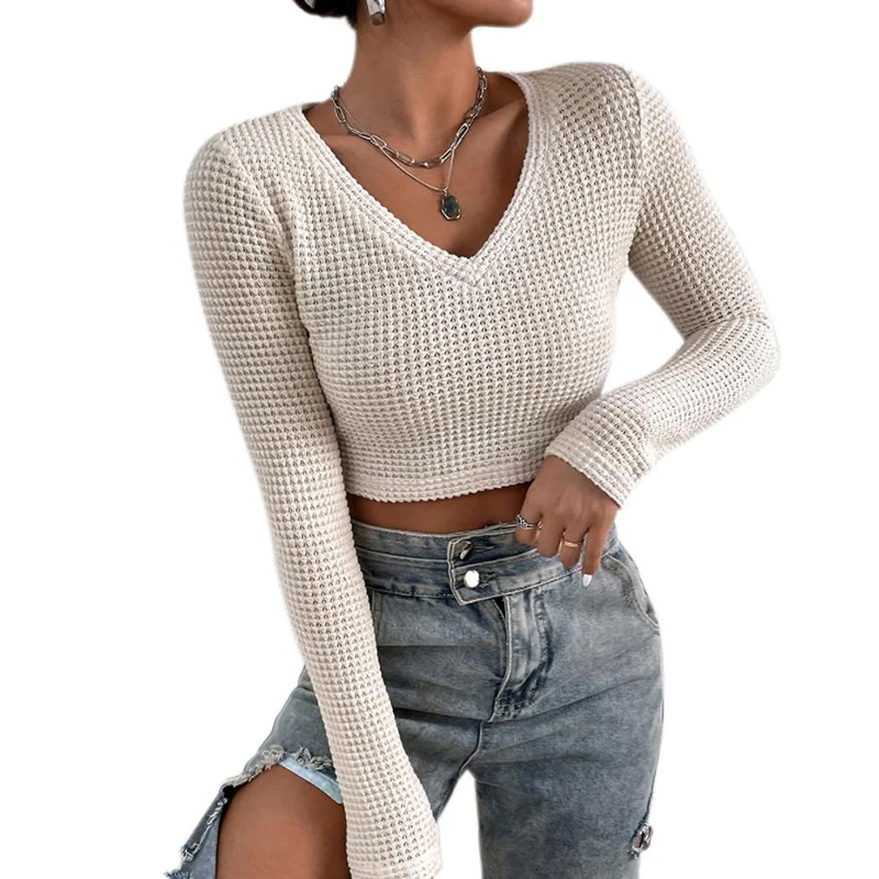 2022 Spring Autumn Knitted Crop Tops Sexy V-neck Long Sleeve T-shirts Ladies Hollow Out Short Tees Solid Color Slim Blusas Mujer