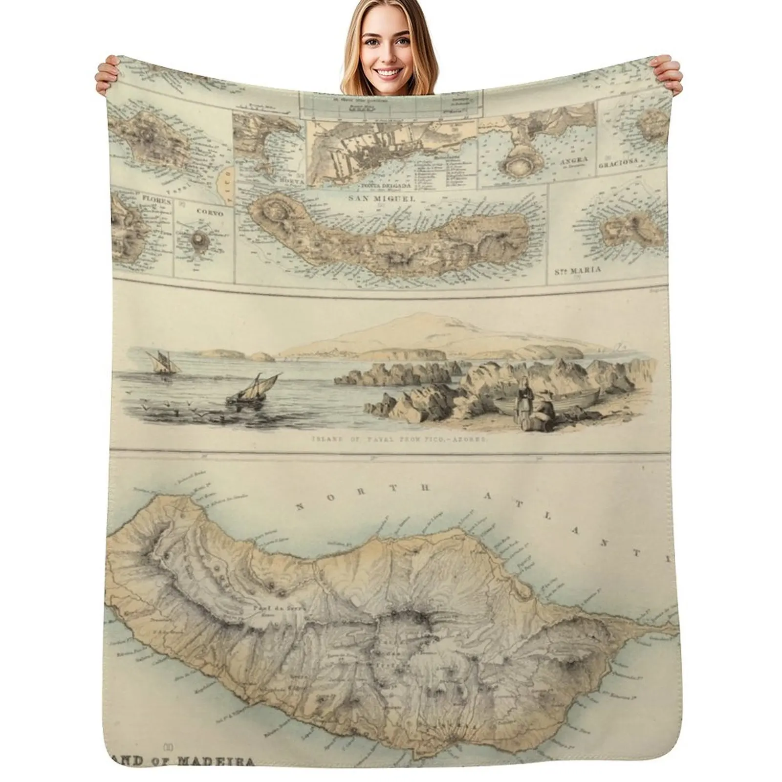 

Old Azores Islands Map (1872) Vintage Portuguese Isles Atlas Throw Blanket Thin Soft Blanket for Summer Night Sleeping