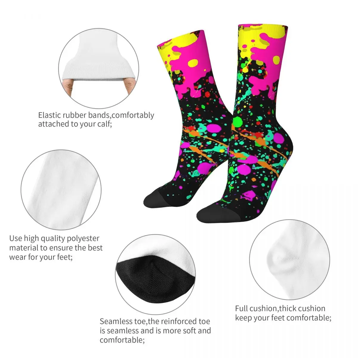 Funny Crazy Sock for Men Glow In The Dark Neon Rainbow Hip Hop Harajuku Happy Pattern Printed Boys Crew Sock Novelty Gift