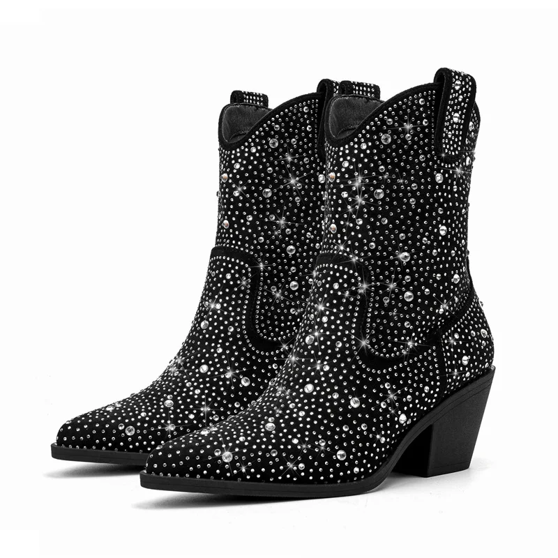 

Rhinestone Boots Black Botas Mid-calf Chunky Heels Pointed Toe Zippers Modern Shoes Fashion Zapatos Mujer Winter Autumn Novelty