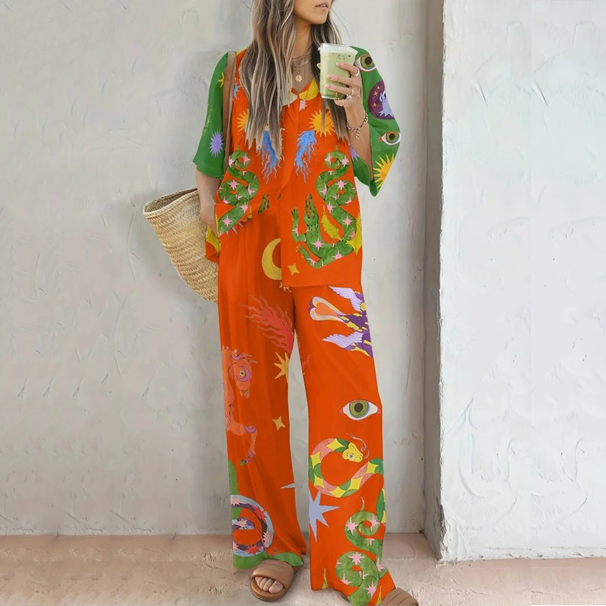 Loose Casual Two-Piece Set Long Pants Seven-Quarter Sve Outfit Large Size Cross-Border ular Spring Faion Set