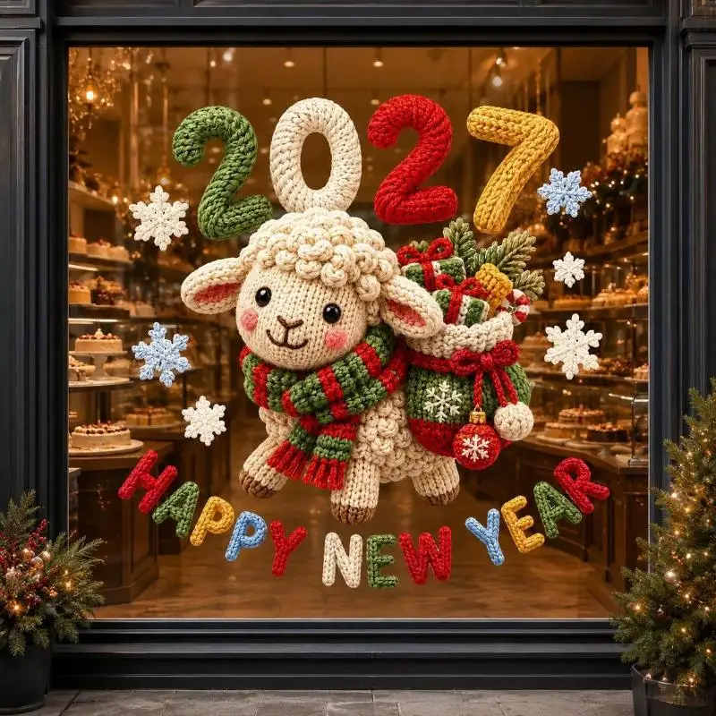 2027 Knit Sheep Static Window Sticker Happy New Year Decals Cute Lamb Christmas Window Decor Home Decoration Shop Glass