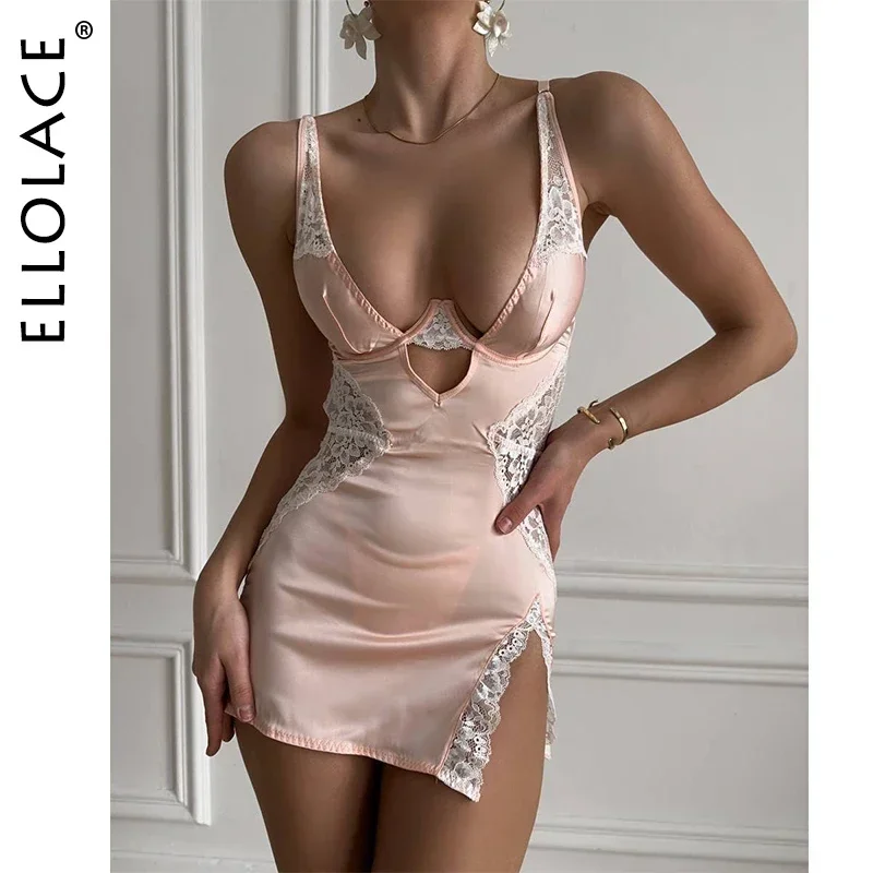

Ellolace Sexy Deep-V Neck Satin Dress Sexy Lingerie Lace Patchwork Split Sissy Night Dress Women Slip Dress Silk Nightwear