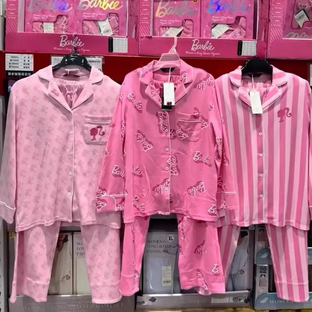 Conjunto de pijama Barbie para mujer, ropa de dormir rosa de dibujos animados para primavera y otoño, ropa de casa para niñas, pantalones de manga larga dulces a rayas de lujo ligeros