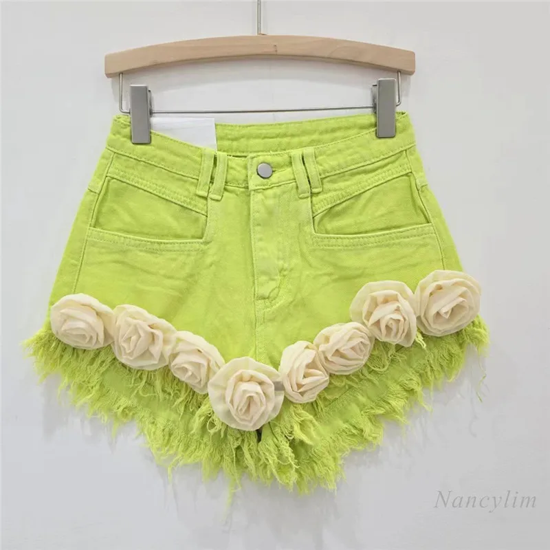 Pink Flower Tassel Denim Shorts Women 2024 Summer Niche Fried Street Slimming Hot Girl A- Line Wide Leg Hot Pants