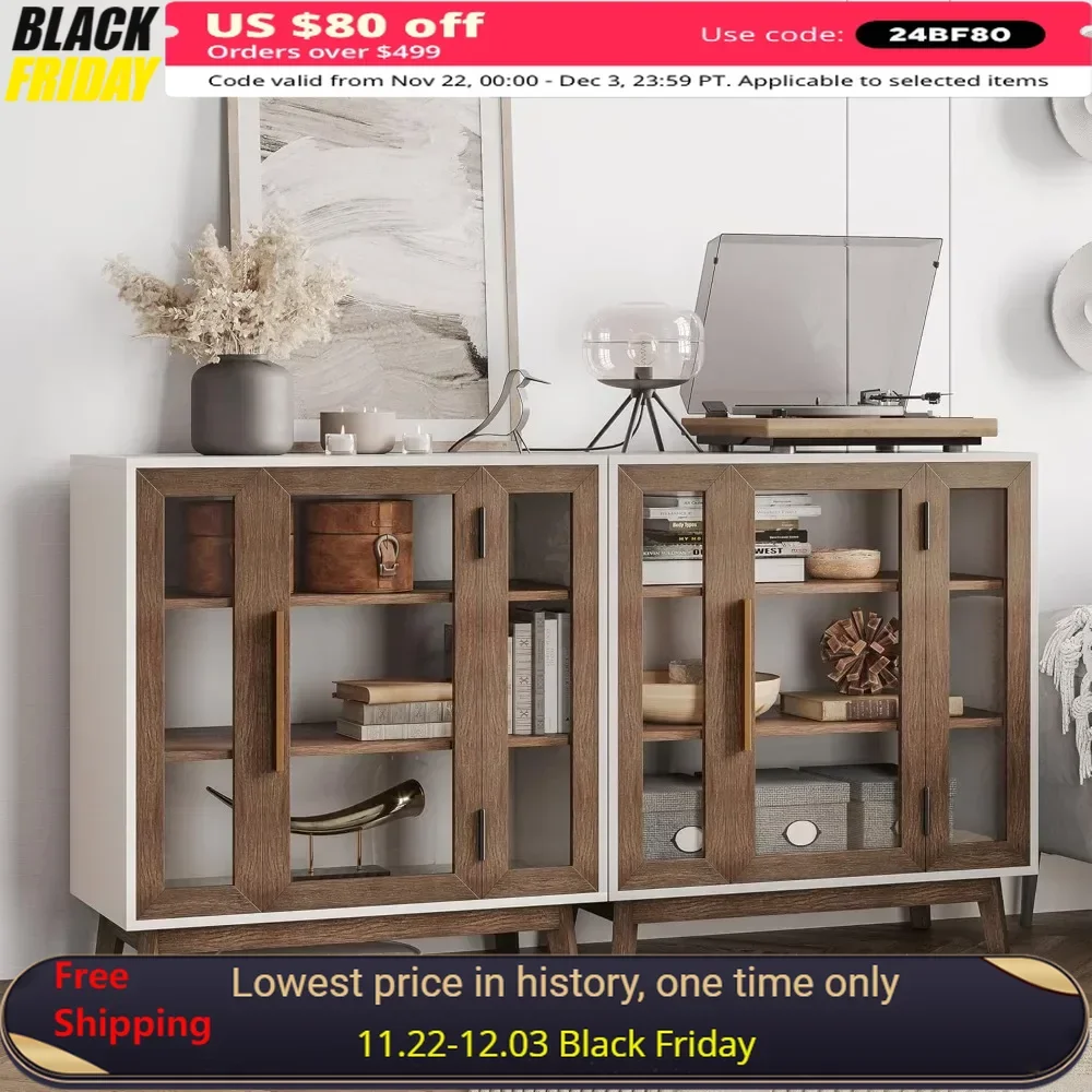 31 Inch Set of 2 Sideboard with 3-Tiers Shelves and Glass Display Door，Storage/Pantry Cabinet Coffee Bar ，Buffet Cabinet