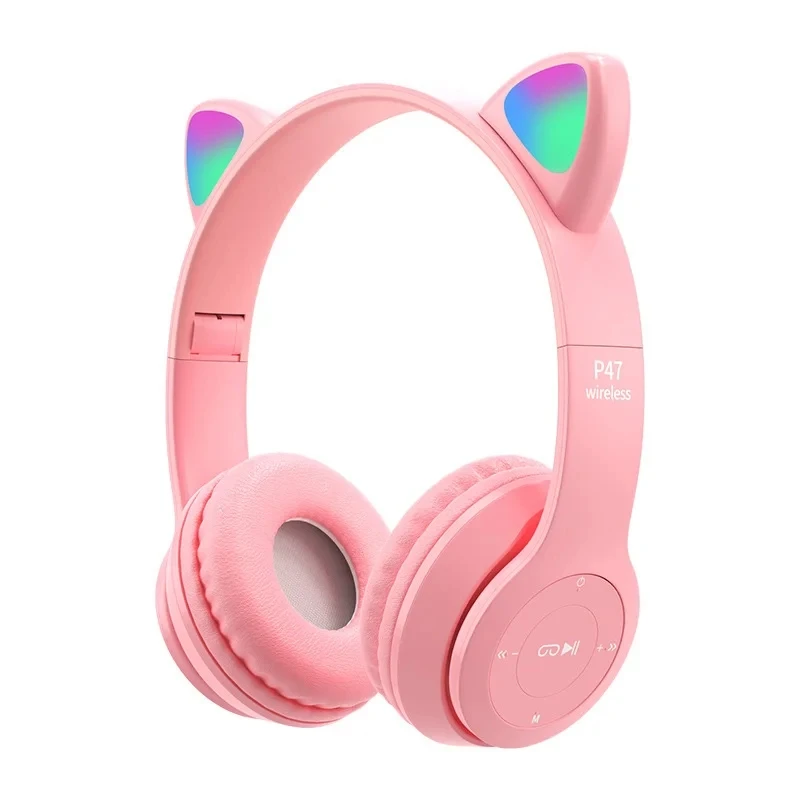 Women's Wireless Headphone Flash Light Cute Cat Ears Fone with Mic Control LED Stereo Music Helmet Phone Bluetooth Headset Gift