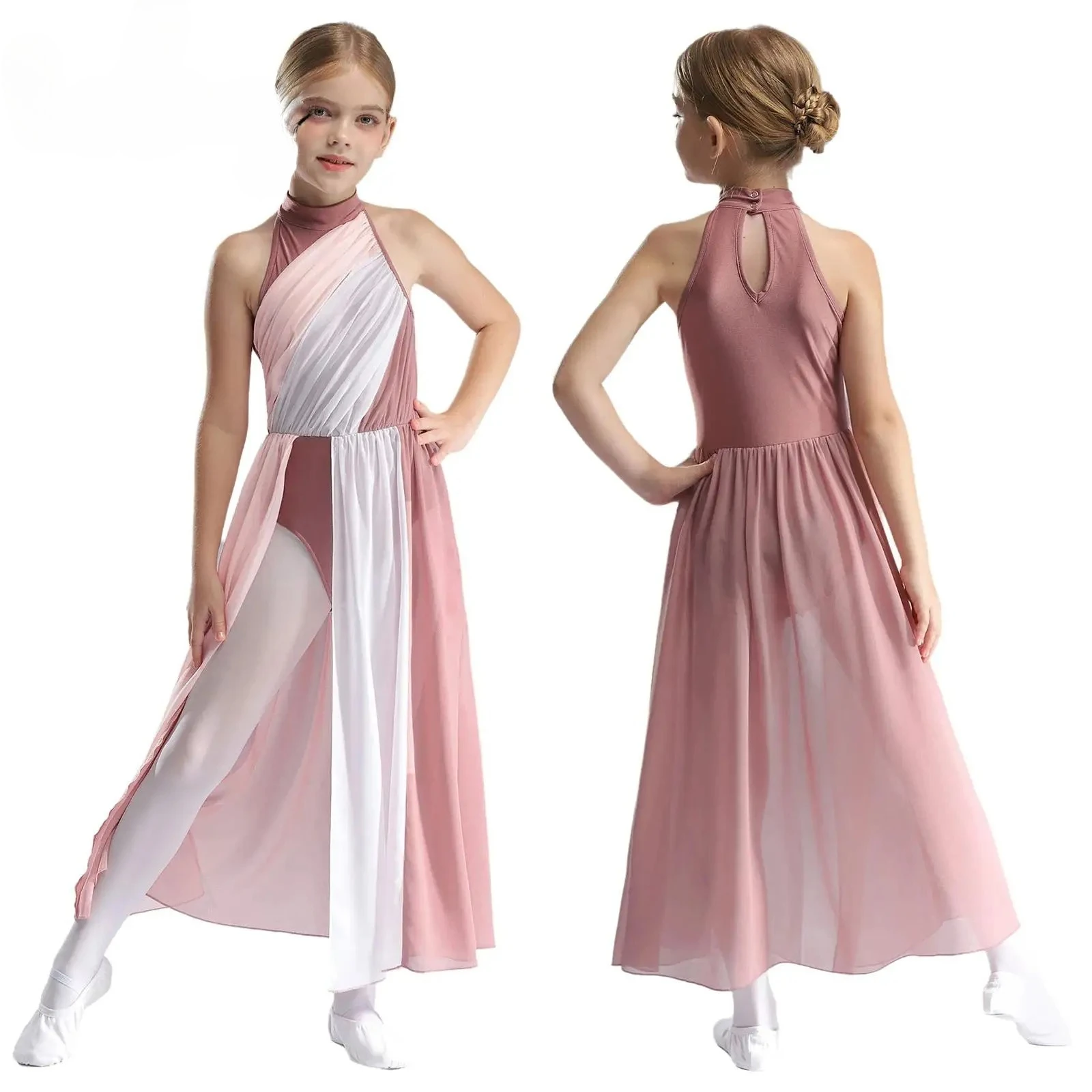 Vestido de Danza Lírica para Niñas, Diseño Color Block, Sin Mangas, Malla, Leotardo con Abertura, para Ballet, Patinaje Artístico, Gimnasia, Actuaciones Escénicas