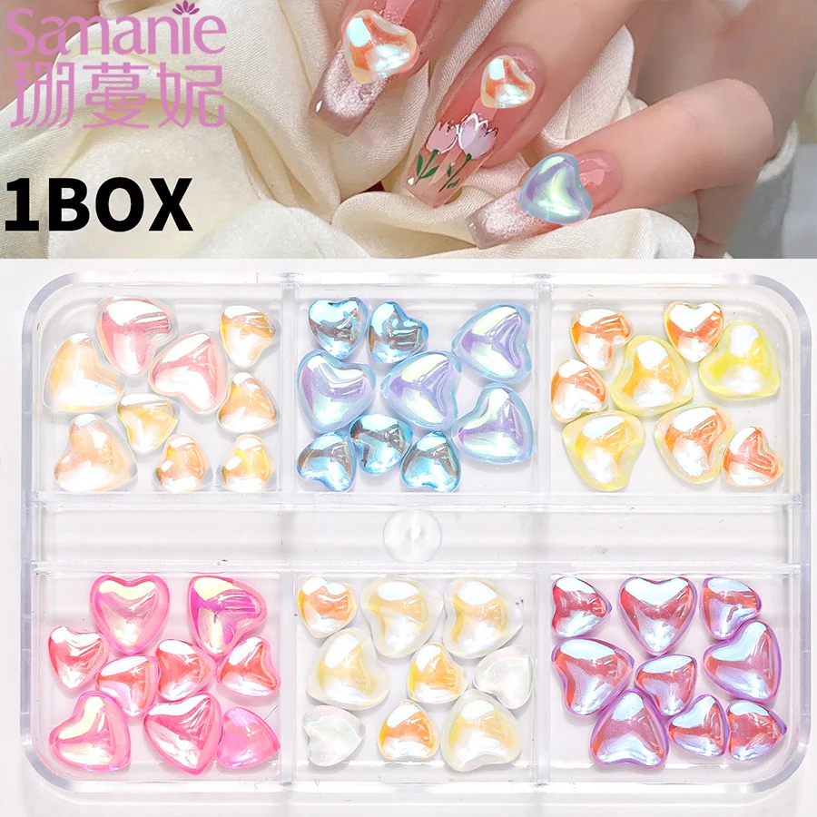 SANANIE 6 Grids 3D Mixed Colorful Transparent Love Heart Nail Art Charms Trendy Flat Back Round Manicure DIY Accessories Crafts