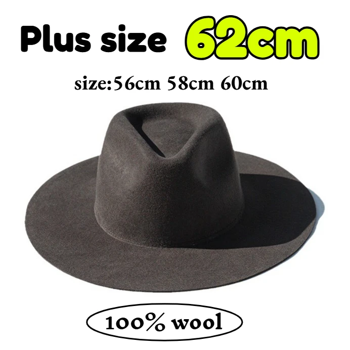 Men's Large Size 100% Wool Fedoras Hat Women Vintage Western Jazz Cowboy Hat Autumn Winter Big Head Wide Brim Felt Hat 56-62cm