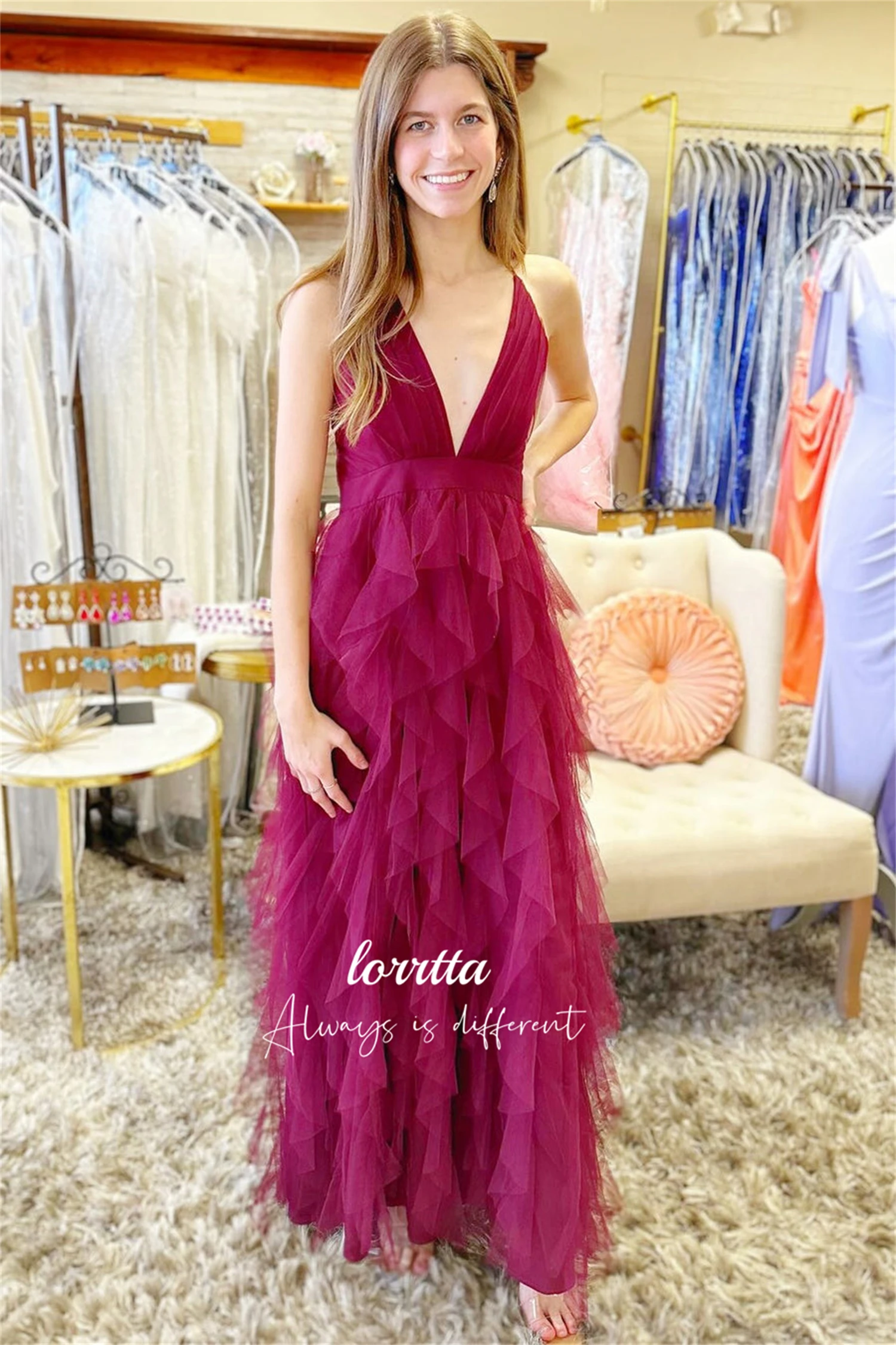 

Lorrtta Party Dress Line A Graduation Gown V Collar Mesh Cocktail Layered Ball Happy Sharon Evening Dresses for Formal Occasions