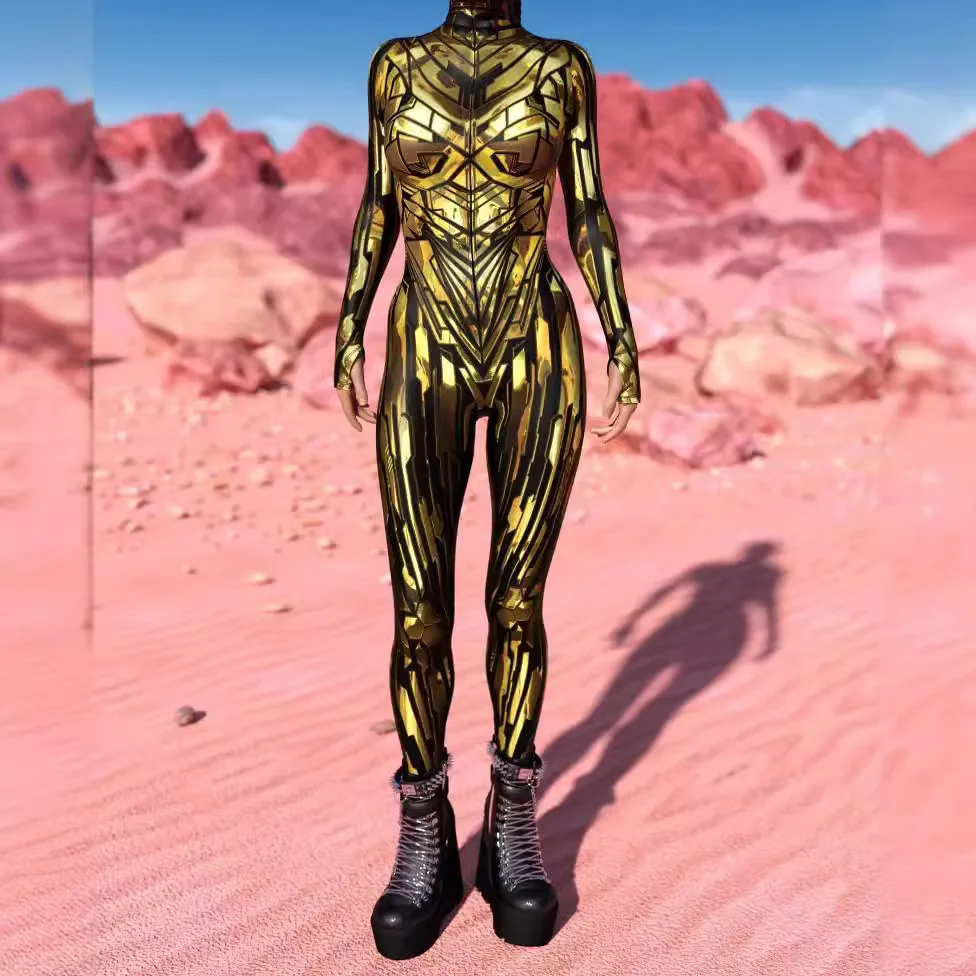 

Women Mechanical Armor Robot Cyber Bodysuit Skeleton Cosplay Punk Zentai Jumpsuit Costume Halloween Party Performance Suit