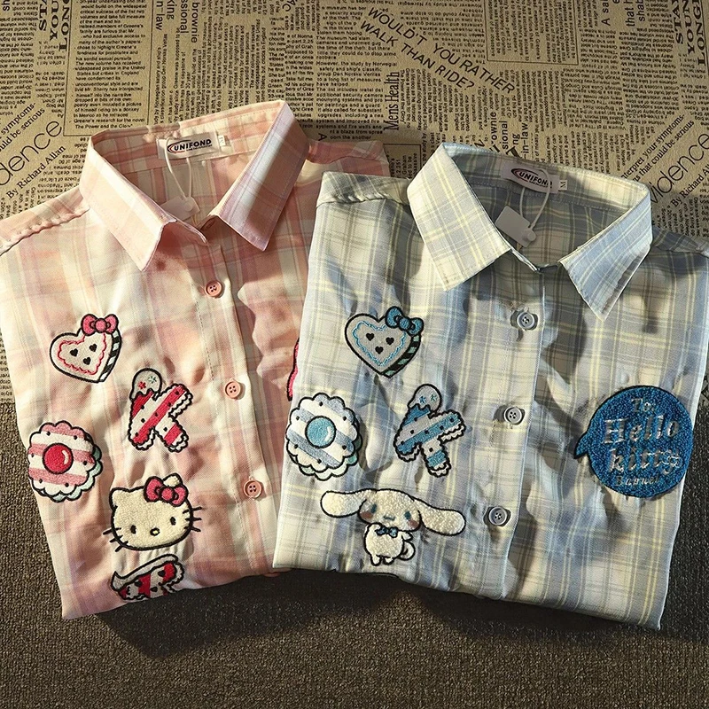 

Kawaii Sanrio Hello Kitty Anime Plaid Shirt Women's 2024 New Cinnamoroll Summer Trend Cartoon Loose Student Tops Girl Gifts