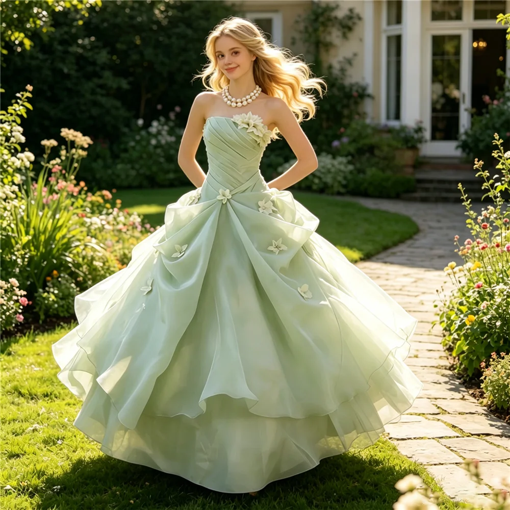 Chiffon Prom Gala Strapless Ball Gown Formal Dress, Sage Green, Layered Skirt with 3D Floral Appliques