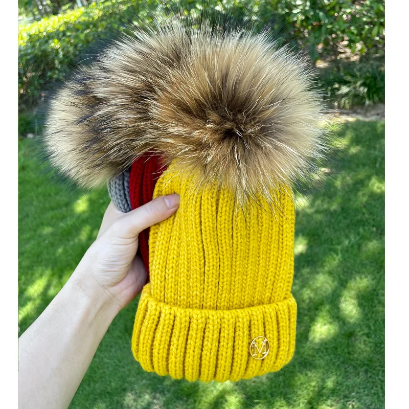 Kids Boy Girl Aldult Warm Big Fur Pom Poms Ski Hat Fur Pompoms Hat 2022 Real Raccoon Fur Ball hats Winter Hat Cap