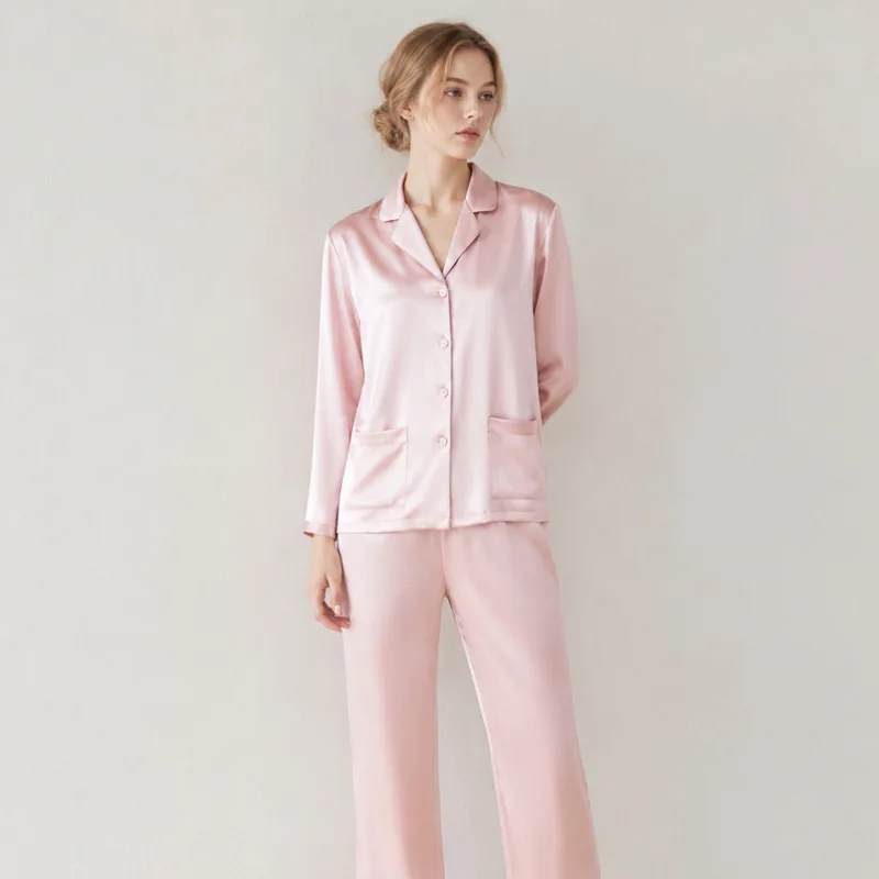 Women 22 Momme Heavyweight Real Silk Pajama Set 100% Mulberry Silk Soft Smooth Loungewear Two Piece Suit Autumn Winter
