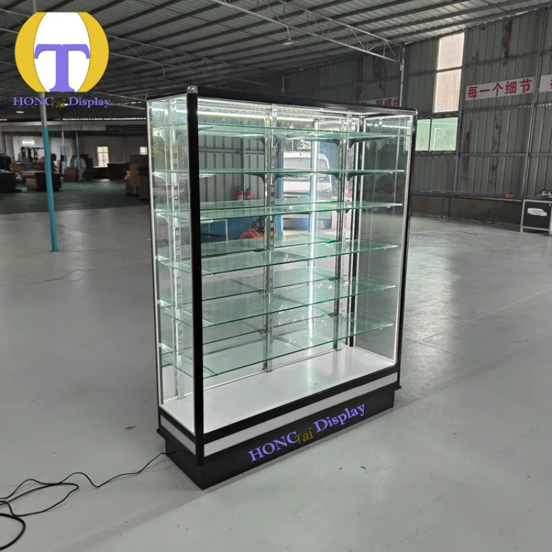 custom.New Arrival Full Smoke Store Lockable Mirror Cabinet Display Door Glass Tempered Glass Colorful LED Strip Lig