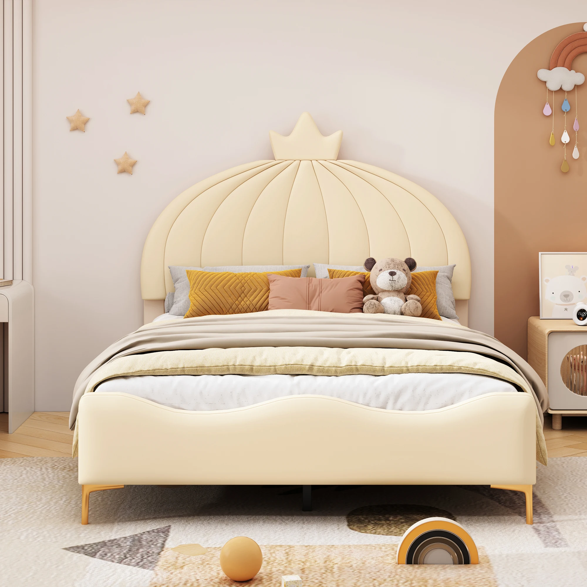 Children's bed Upholstery bed 140*200 cm Cartoon Headboard with Wreath Bar Arched End Design Faux Leather fabric with Lattens