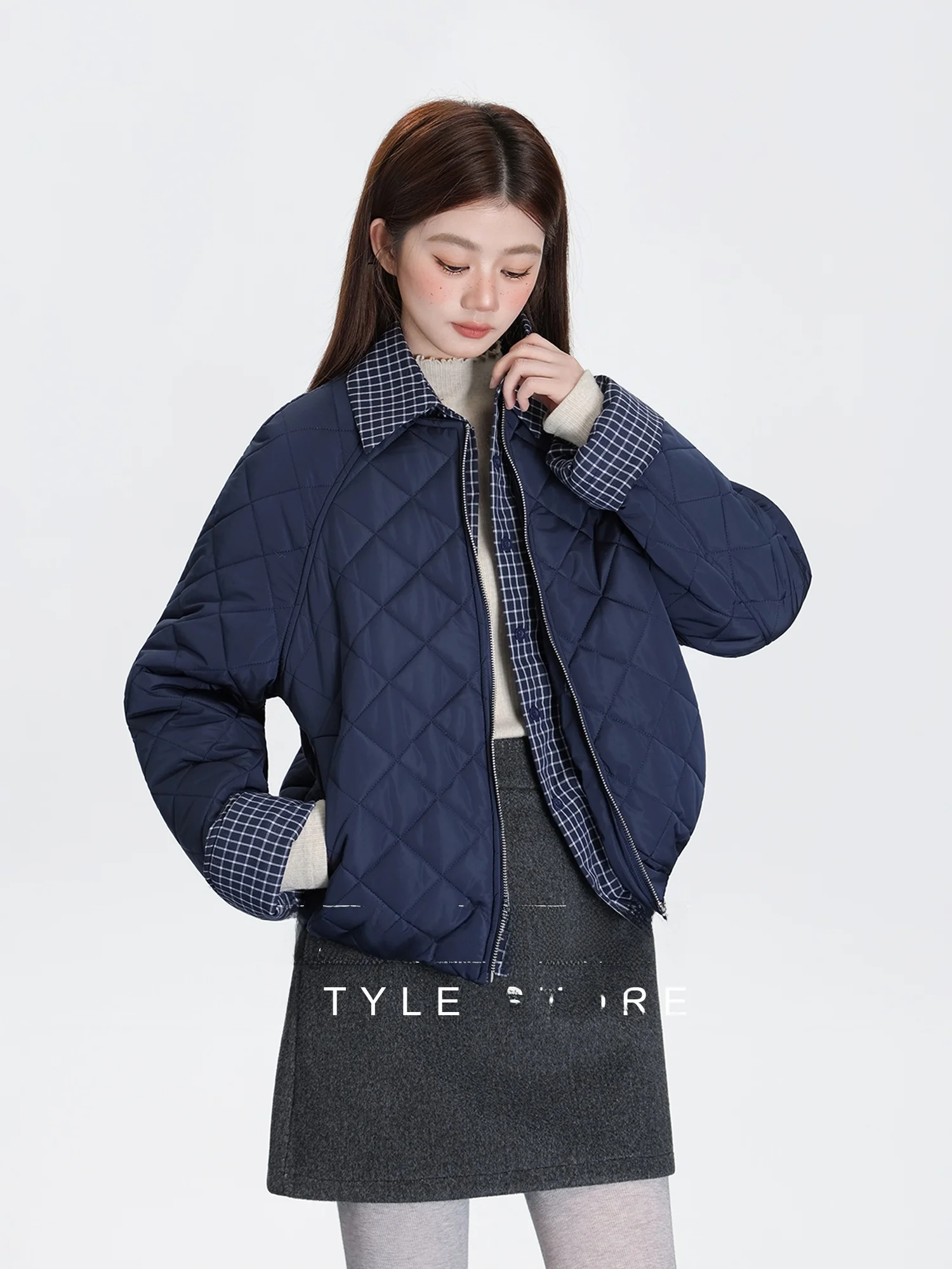 

Blue Plaid Splicing Zipper Cotton Jaet Women's 2025 Winter New Rhombus Collar Cotton Coat Outerwear
