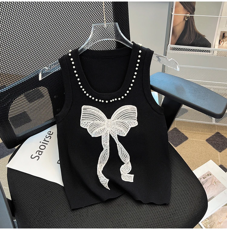 Bow Pearl Beaded Knit Sweater Vest Women Pullover Tees Tops Summer Stylish Sexy Fashion Chic Knitwear Sleeveless O-neck Jumpers