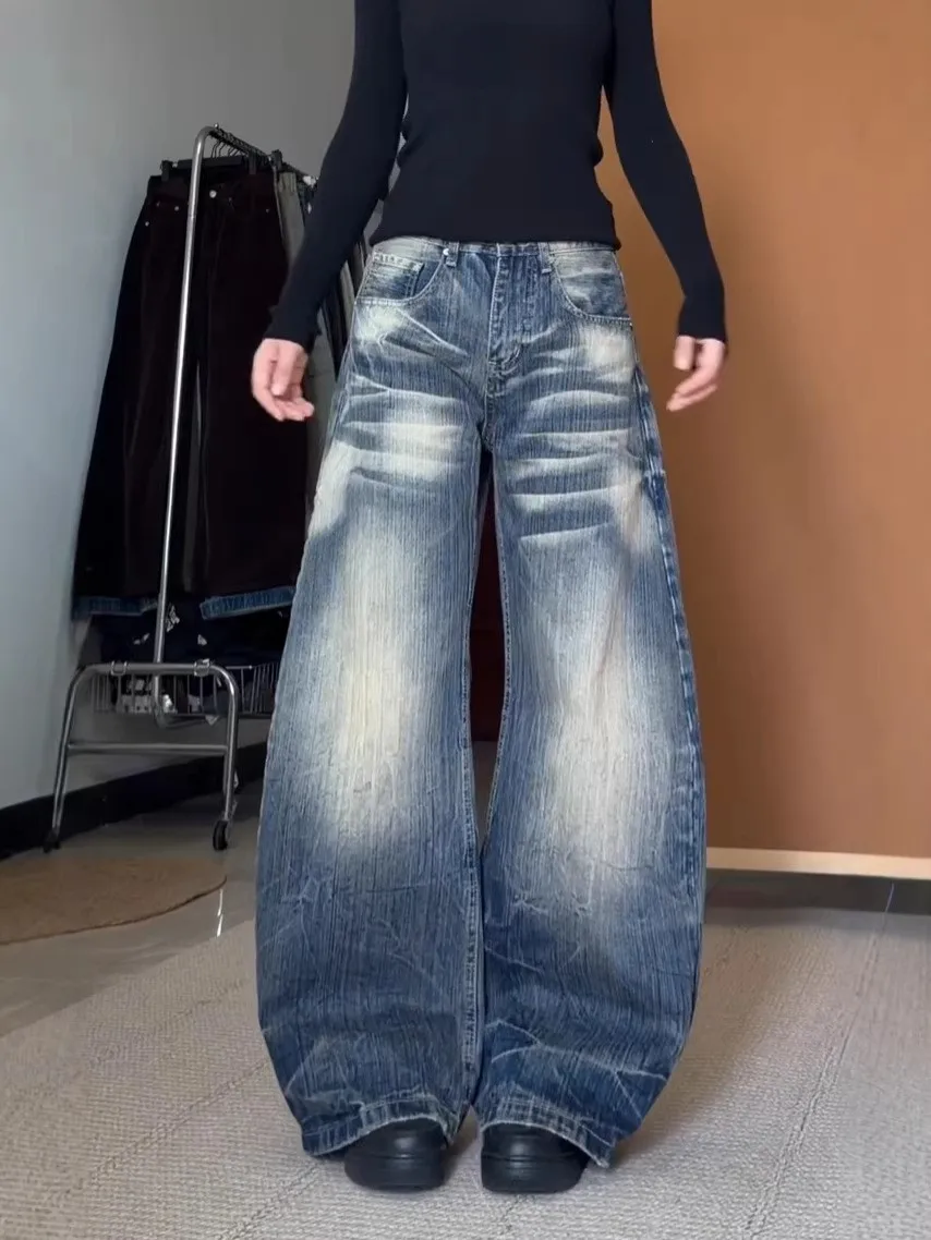 

Ретро джинсы большого размера с широкими штанинами из бамбукового волокна в американском стиле для женщин, свободные, стройнящие