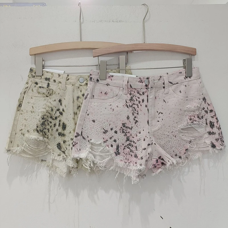 Women's Printed Shorts Versatile Hole Tassels Fur Edges High Waisted Denim Wide Leg Short Pants 2024 Summer New