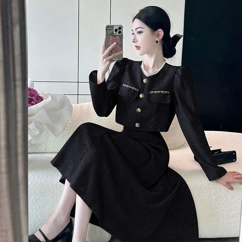 Winter Women\'s Temperament Small Fragrant Style Round Neck Short Suit Jacket High Waisted Long Skirt Comfortable Two-piece Set