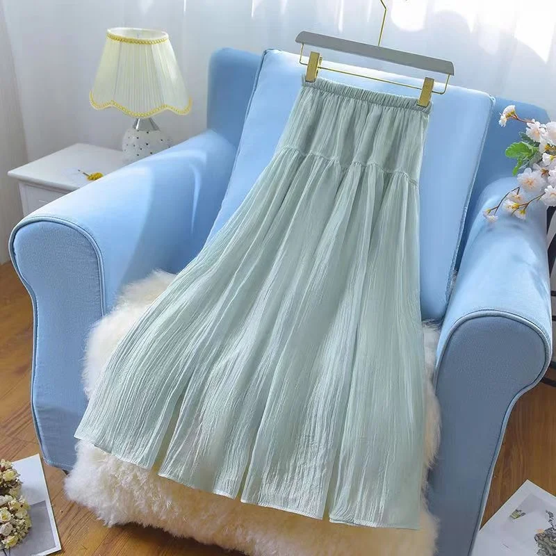 

Элегантная женская юбка миди А-силуэта с завышенной талией из стеклянного шелка, двухслойная, с эффектом похудения, на эластичной резинке, летняя, новый модный стиль