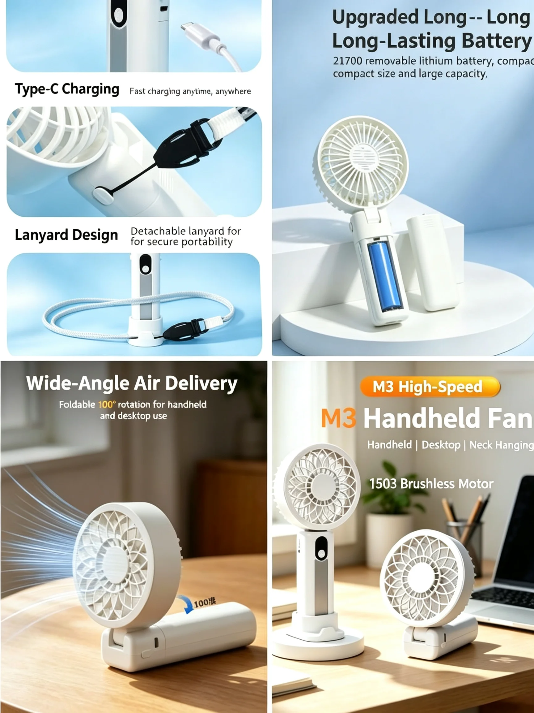 M3 Foldable Handheld Fan,Strong Airflow,7-Speed,3000mAh Detachable Battery,Outdoor Cooling