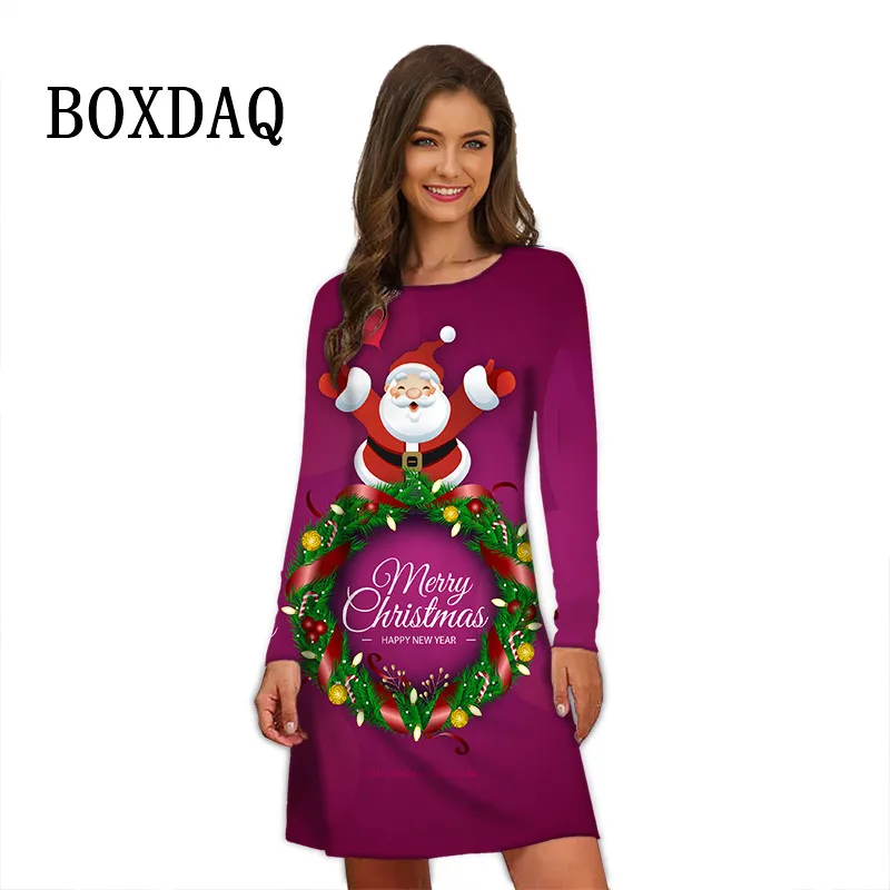 2023 Cartoon Letter 3D Santa Claus Mini Dress Women Christmas Print Clothes Autumn Pullovers Casual Cute Long Sleeve Party Dress