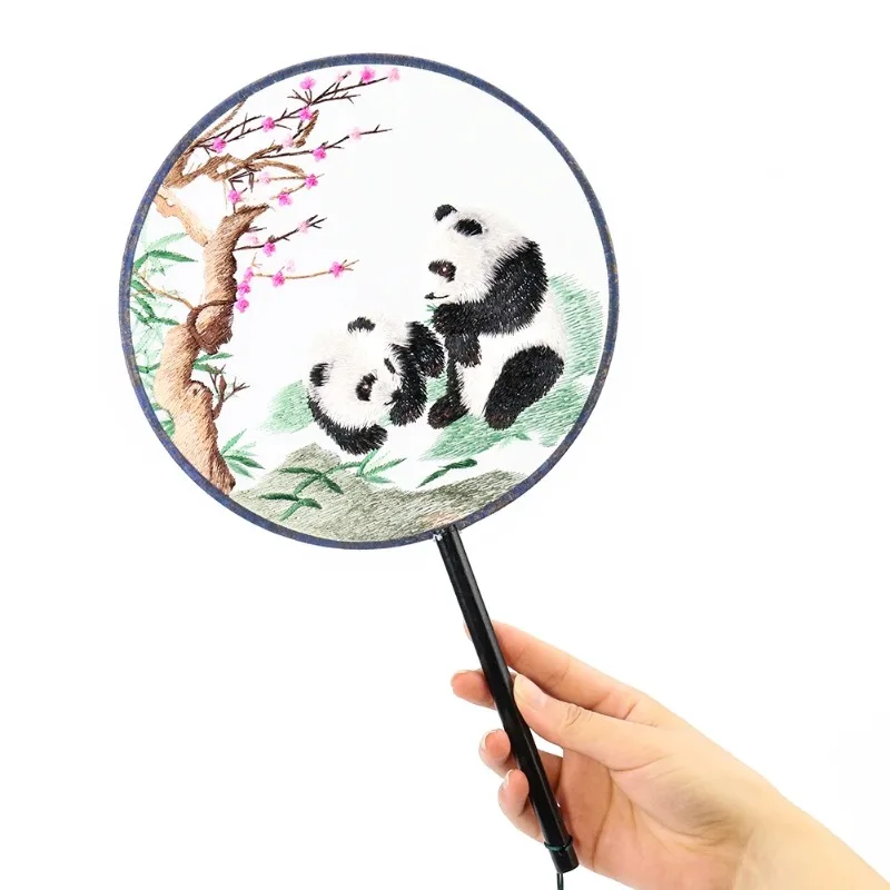 Double-sided Embroidery Chinese Panda Animal Bamboo Plum Blossom Flower Tassel Round Fan Long Handle Catwalk Dance Props Fans