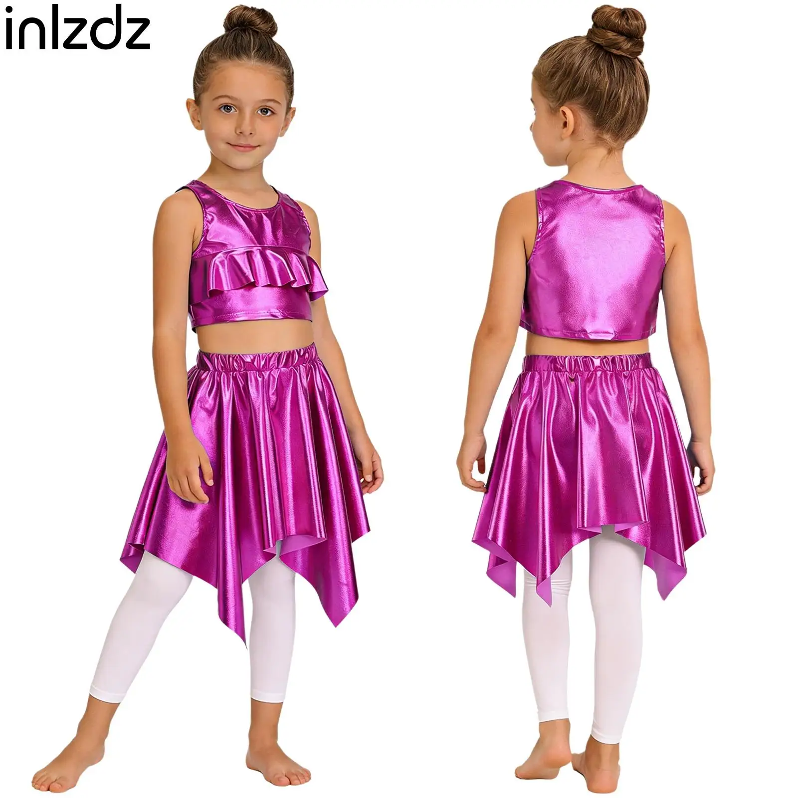 

2Pcs/Set Girls Metallic Shiny Jazz Dance Outfit Sleeveless Crop Top with A-line Skirt School Cheerleading Performance Costume