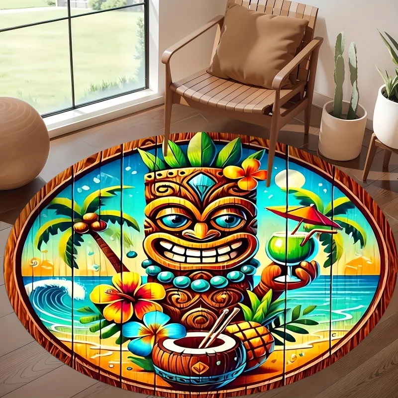 Tiki Mask Beach Round Rug,Tropical Palm Tree Hibiscus Printed Circular Floor Carpet,Summer Hawaiian Indoor Home Decoration