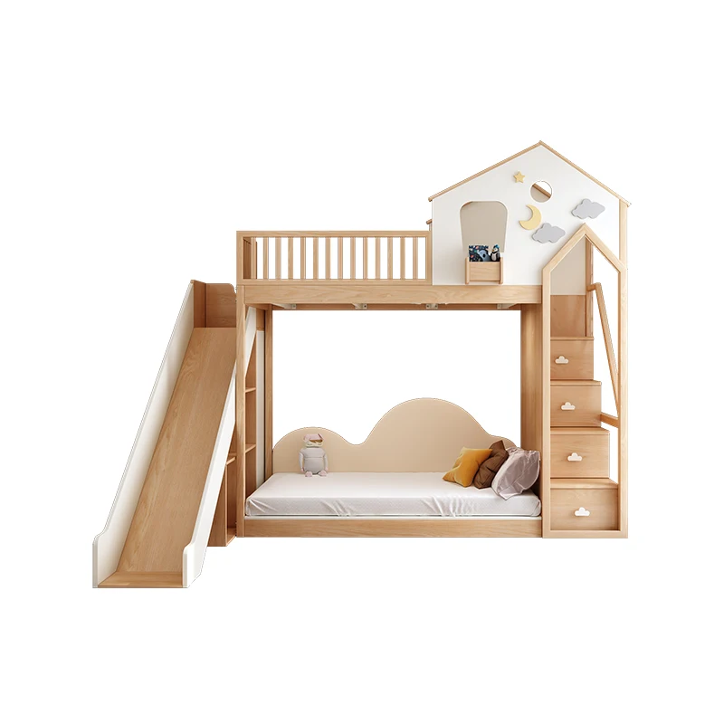 Modern Children's Solid Wood Treehouse Bunk Bed With Slides Elevated Design Customizable For Bedroom And School Use